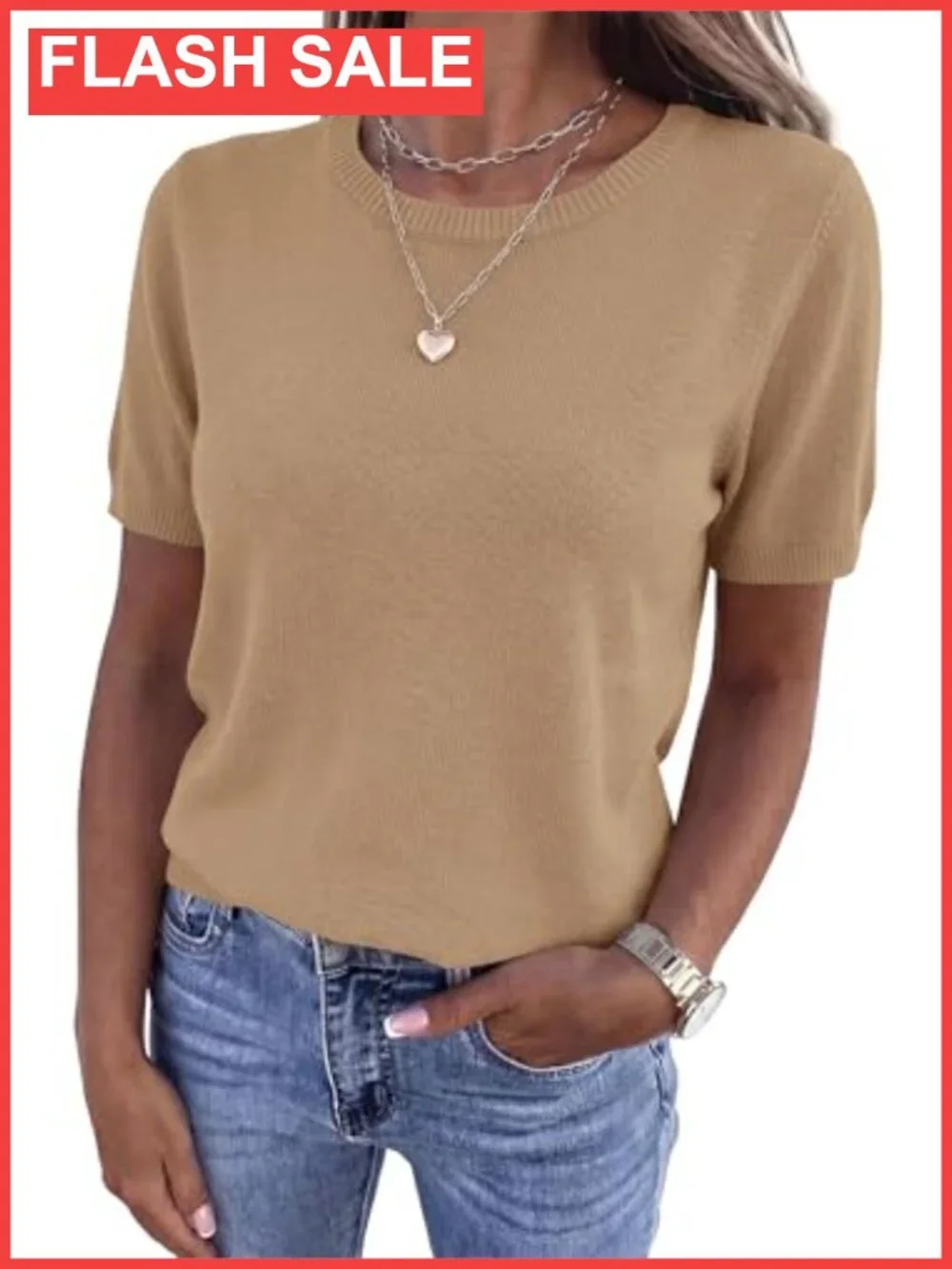 Womens Short Sleeve Crew Neck Pullover Sweater Lightweight Knit Top